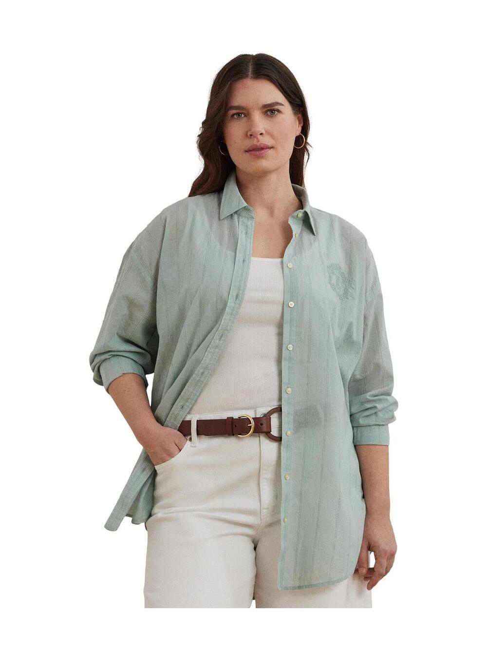Lauren Ralph Lauren Plus Size Oversize Striped Cotton Voile Shirt Washed Sage